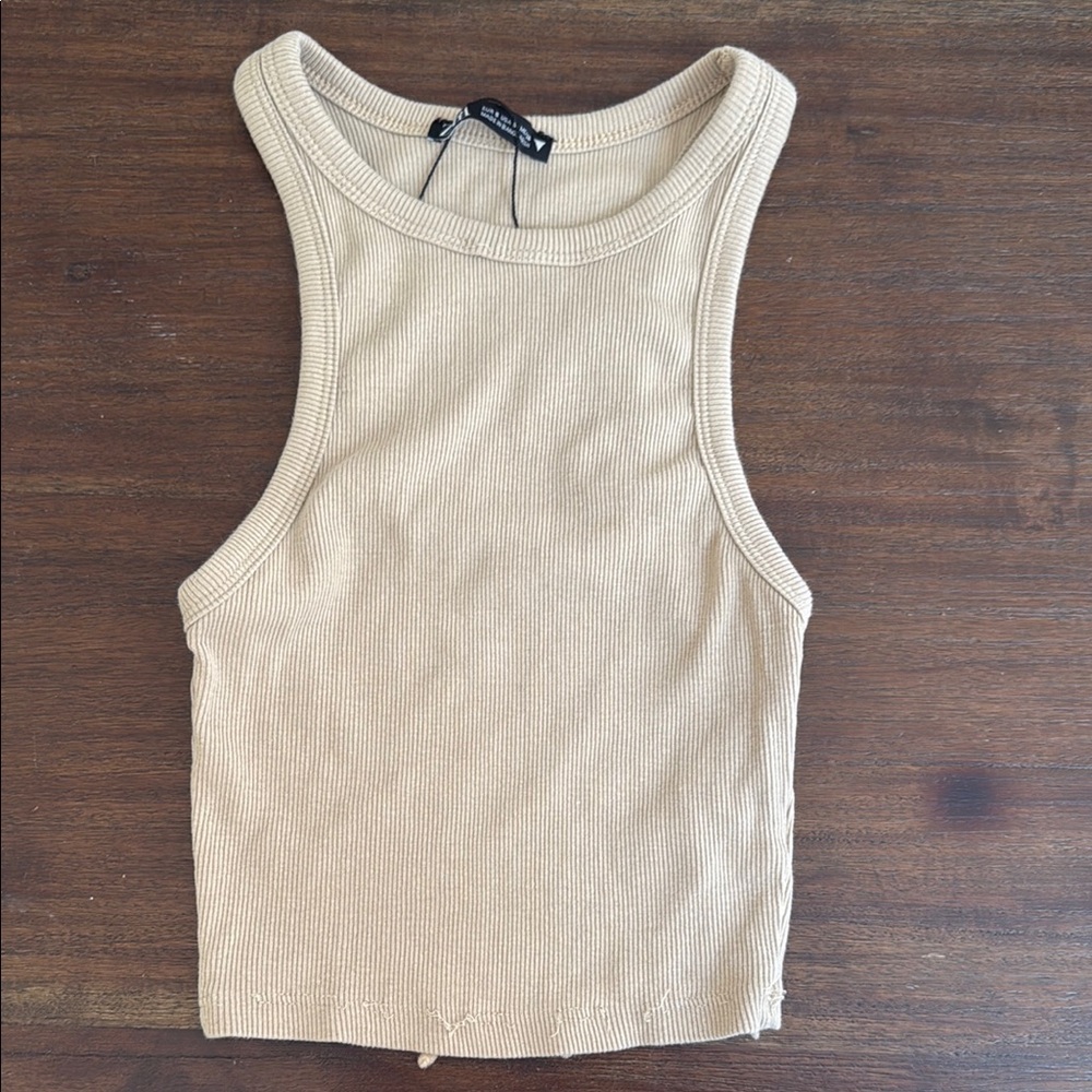Zara Tan Sleeveless Fitted Crop Tank